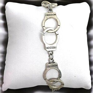 Silver Tone Handcuff Themed Freedom Charm Bracelet Toggle Clasp 8"L